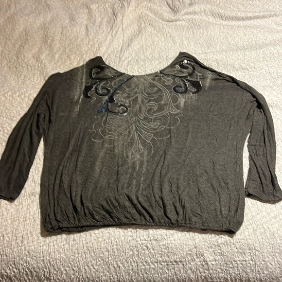 Long sleeve v neck front and back dark grey cinched bottom top with sequins - Picture 2 of 5
